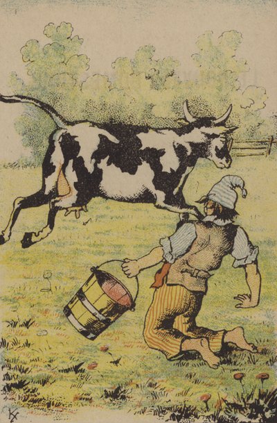 Sikertelen kísérlet tehén fejésére (színes litho) alkotó: French School