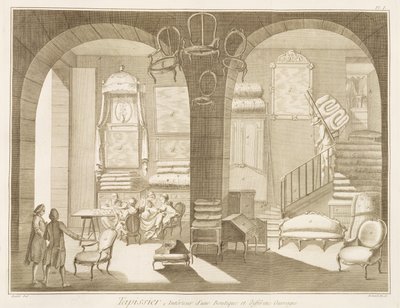 Egy kárpitosbolt, Denis Diderot (1713-84) Encyclopedie des Sciences et Metiers-ből, 1770 körül. alkotó: French School
