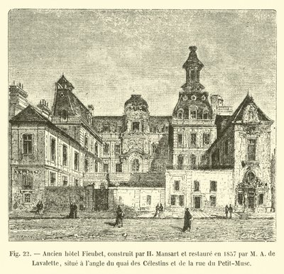 A Quai des Celestins és a Rue du Petit-Musc sarkán található egykori Fieubet szálloda, amelyet H Mansart épített és 1857-ben M A de Lavalette restaurált. alkotó: French School