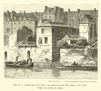 Egykori Quai de la Cite, a Notre-Dame hídtól felfelé, 1780 körül; egy korabeli rajzból alkotó: French School