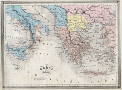 Az ókori Görögország és gyarmatai – Vuillemin „Az ókori és modern földrajz egyetemes atlasza a bentlakásos iskolák számára” táblájából – kb. 1845 alkotó: French School