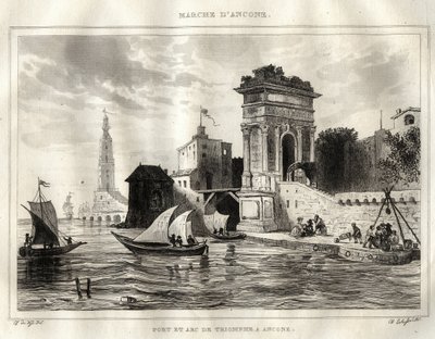 Ancona - Ancona - Olaszország - Traianus íve, Apollodoro-nak tulajdonított ókori római alkotás - A boltív Anconában van elhelyezve - Metszet a „” Italy Festői”-ből” - Olaszország történelmi és leíró festménye”, M. de Norvins, Ch. Nodier 1834-1836. alkotó: French School