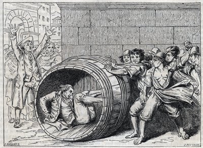 Antiszemita üldözés a 17. században: egy zsidót hordóban gurítanak Róma lakói. „Meo Patacca” illusztrációja, Giuseppe Berneri (1637-1700) verse. Bocourt metszet. alkotó: French School