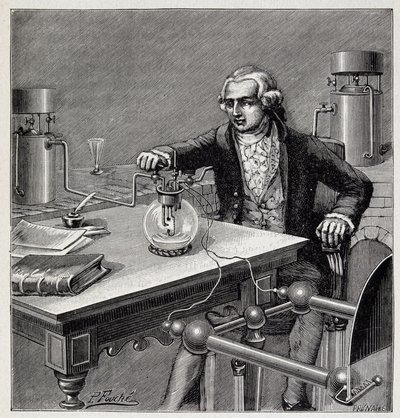 Antoine Laurent de Lavoisier (1743-1794) leading an experiment - in “” Physique populaire” by Emile Desbeaux alkotó: French School
