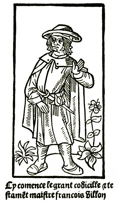 Francois Villon költő apokrif portréja a „The Grand Testament”-ben - „Cycommence le grant codicille & testamet maistre Francois Villon”” (itt kezdődik a grand codicille et testament) kiadás P Levet 1489 (fametszet) alkotó: French School