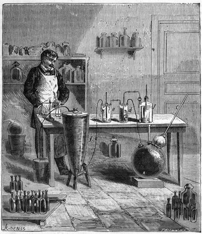 Eugene SOUBEIRAN (1797-1858) készüléke szódabikarbóna készítéséhez - Metszet a "" Tudományok mindenki kegyébe - Népszerű fizika és kémia" címszó alatt, Alexis Clerc - 19. század vége - Magángyűjtemény alkotó: French School