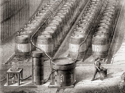 Hidrogéngáz előállítására használt készülék, kénsav vason történő hatására ballon töltésekor, a „Les Merveilles de la Science” kiadványból, 1870 körül (litho) alkotó: French School