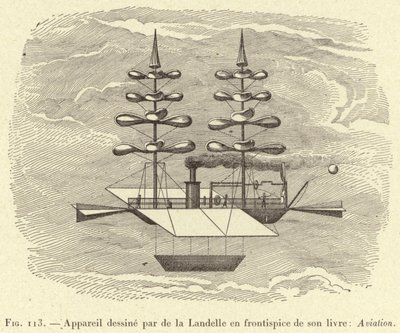 De la Landelle által tervezett repülőgép: Repülés (metszet) című könyvének előlapján alkotó: French School