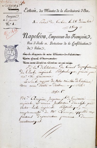 André Marie Ampère Napóleon kinevezése a Polytechnique felügyelőjévé – Kötelező megemlítés: Archívum a Bibl. az Ecole Polytechnique-től alkotó: French School