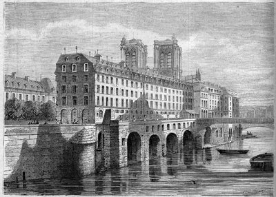 Építészet: a párizsi Ile de la Cite-on lévő Hotel Dieu külső képe a bontás előtt. Kilátás a Quai de la Tournelle-ről 1859-ben. Metszet a „” Le Monde Illustré”” 136. számában, 1859. november 19.. alkotó: French School