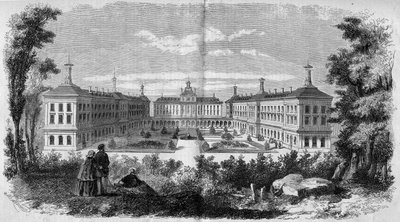 Építészet: a Vincennes-i katonai kórház általános képe (1858). Metszet a „” Le Monde Illustré”” 61. számban, 1858. június 12-én. alkotó: French School