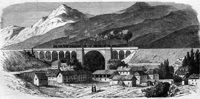 Építészet: kilátás a Bellegarde viaduktra (Rhone Alpes) a Lyon és Genf közötti vasútvonalon. 1858. Metszet a „” Le Monde Illustré”” 1858. március 20-i 49. számában. alkotó: French School