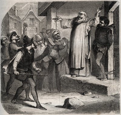 Arnaud du Tilh (Thil) egy akasztófához van kötve, és kivégzése előtt a tömeg sértéseinek van kitéve Martin Guerre személyazonosságának bitorlásáért (1524 körül, 1560 körül). Metszet 1871-ből Henry de Kock „Histoire Des Cocuses Celebres” című könyvébe (181 alkotó: French School