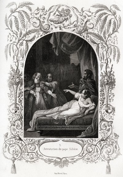 Silvere (Silverio) pápa letartóztatása (536-tól 537-ig pápa). Maurice Lachatre (1814-1900), Librairie du Progres, Párizs, Histoire des Popes című metszete. alkotó: French School
