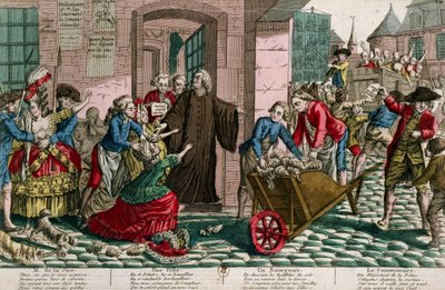 Prostituáltak letartóztatása a párizsi rendőrség által, 1759 körül (színes metszet) alkotó: French School