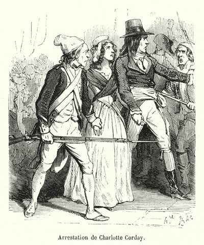 Charlotte Corday letartóztatása (metszet) alkotó: French School