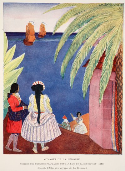 A francia fregattok érkezése a Fogantatás-öbölbe, Voyages of Perouse, M. Charles Sanlaville (fl.1920-30) másolata, Gabriel Hanotaux (1853-194) illusztrációja a Histoire de la Nation Francaise-ből alkotó: French School
