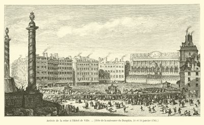 A királynő érkezése a Hôtel de Ville-be, Dauphin születésnapi partija, 1782. január 21. és 23. alkotó: French School