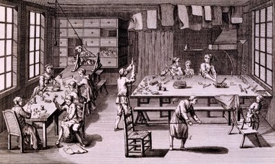 Művirágbolt, illusztráció az enciklopédiából vagy a tudományok, művészetek és kézművesség rendszeres szótárából, Denis Diderot, megjelent 1765 alkotó: French School