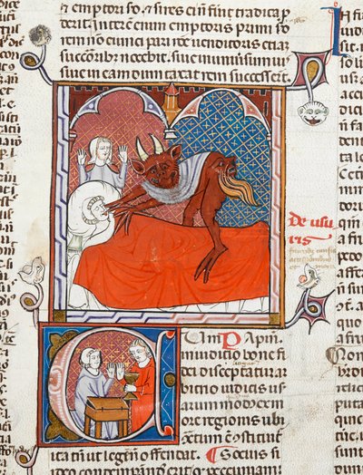 Arundel 484 f.245 Ördög vagy démon egy halott ágyán, illusztráció a Digestum Vetusból fényes ordinariával, Justinianus, 1300-10 körül (vellum) alkotó: French School