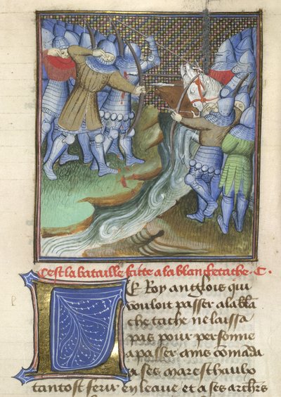 Arundel 67, f.144, Középkori katonák harcoló folyón át a Chroniques d