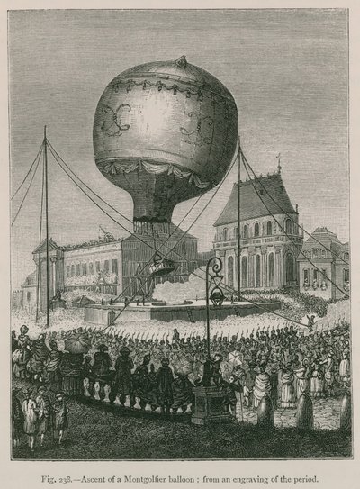Montgolfier léggömb felemelkedése; a korszak metszeteiből alkotó: French School