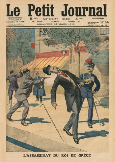 I. György görög király meggyilkolása, a „Le Petit Journal” első borítójának illusztrációja, illusztráció, 1913. március 30. (színes litó) alkotó: French School