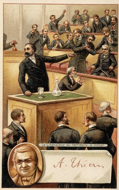 A közgyűlés ujjongja Thierst, „a terület felszabadítóját”” és portré medalionban - chromo., 19. század vége. alkotó: French School