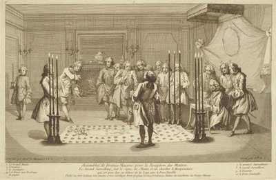 Szabadkőművesek Gyülekezete a Mester beavatása előtt, A vallás és szokás szertartásaiból 1733 körül alkotó: French School