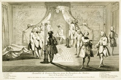 Szabadkőművesek Gyülekezete mester beavatására, a jelölt bejárata a páholyba, A vallás és szokás szertartásaiból, 1733 körül alkotó: French School