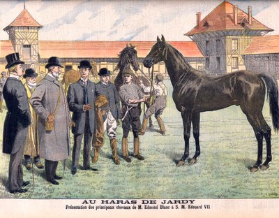A Párizson kívüli Jardy ménesben (Marnes-la-Coquette). Edmond Blanc tenyésztő bemutatja legjobb lovait VII. Edward királynak. A Jardy Stud. Edmond Blanc úr fő lovainak bemutatása VII. Edouardnak (1841-1910). Illusztráció a Le petit Journal számára alkotó: French School