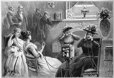 A Theatrophone meghallgatása (színházi meghallgatások otthon) egy nagy párizsi szálloda társalgójában 1892-ben. alkotó: French School