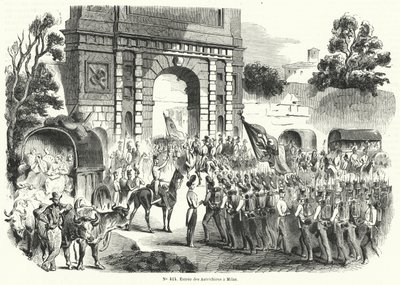 Osztrák csapatok bevonulása Milánóba, Olaszországba, 1848. augusztus 6. (metszet) alkotó: French School