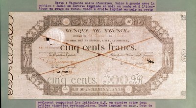 500 frankos bankjegy az 1806. évi XI. évi 24. csírából (tinta papíron) alkotó: French School