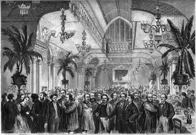A "Le Figaro" újság bankettje 1864. február 6-án a párizsi Restaurant du Passage des Princes szalonjában, amelyen újságírók, írók, művészek vettek részt... Jelen vannak, balról jobbra: Nestor Roqueplan , Ugalde asszony , de Montaut, Péter alkotó: French School