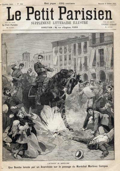 Barcelonai bombázás: egy anarchista bombát indított a Marechal Arsenio Martinez Campos Anton folyosóján alkotó: French School