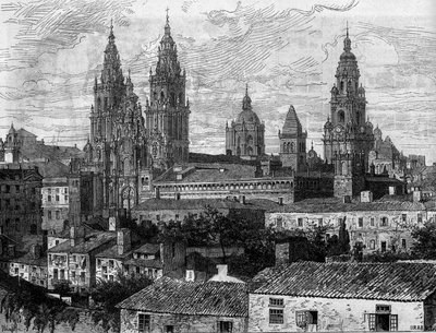Barokk művészet: kilátás a Santiago de Compostela-székesegyházra (Santiago de Compostela). Spanyolország. Metszet a „” Le Monde Illustré”” 1220. számában, 1880. augusztus 14. alkotó: French School