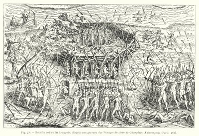 Harc az irokézek ellen; metszet után a Sieur de Champlain utazásaiból, Xaintongeois, Párizs alkotó: French School