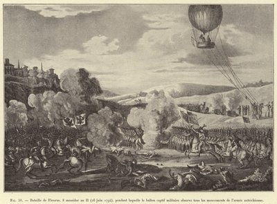 Fleurus-i csata, 8. Messidor, II. év (1794. június 26.), amely során a fogságban lévő katonai léggömb az osztrák hadsereg összes mozgását megfigyeli (metszet) alkotó: French School