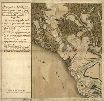 Green Spring-i csata, a James folyó bal partján lévő szárazföld térképe a virginiai Jamestown-nal szemben, ahol a július 6-i csata alkotó: French School