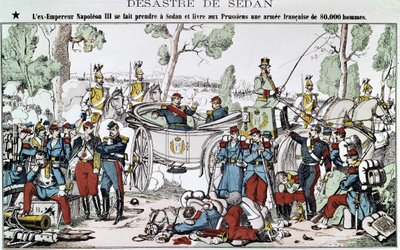 Sedani csata 1870-ben. Az egykori III. Napóleon császárt elkapják Sedanban, és a poroszoknak szállítja a 80 000 fős francia hadsereget, egy gerinc képével. alkotó: French School