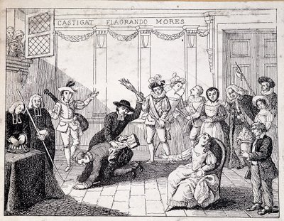 Beaumarchais korbácsolása a Saint Lazare-ban - Beaumarchais perének jelenete, kezében a Folle journee brosúrájával - a Comedie Francaise ap. festményéről, metszetről alkotó: French School