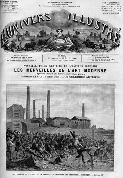 A belga munkások sztrájkolnak: a rendőrség felpakolja a lovasokat Carnieresben. Egy újság. Metszet a „” Le Monde Illustré”-ben alkotó: French School