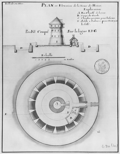Belle Isle en Mer, Houat tornyának terve és domborzata, 1745 (toll, tinta és w:c papíron) alkotó: French School
