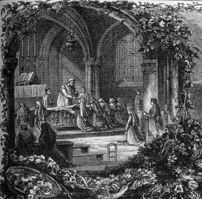 Bernadette Soubirous (1844-1879) elsőáldozáskor. 19. század (1858 után). Metszet a "" Notre Dame de Lourdes"-ba, Henri Lasserre alkotó: French School