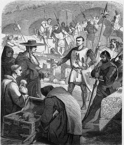 Bertrand du Guesclin (Duguesclin) (kb.1320-1380) francia rendőrtiszt, aki nem hajlandó pénzt kapni Avignon lakóitól. Metszet „Franciaország története Paul Lehugeur száz festményében” 1891-ben. alkotó: French School