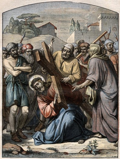 Bibliai jelenet – Keresztút: Jézus segít Cirenei Simon (a cirenei) által. 1896. szeptember 13-i „” Le Pelerin”” metszet. alkotó: French School