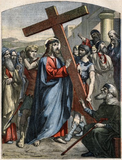 Bibliai jelenet – Keresztút: Jézus a kereszt terhe. Metszet a „” Le Pelerin”-ben, május 3-án alkotó: French School