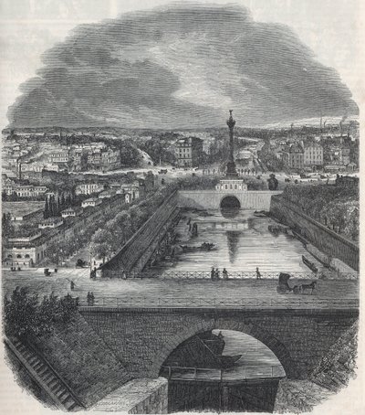 Madárkép a Saint-Martin csatornáról (Saint Martin), a Place és a Bastille negyedről, a Szajna jobb partjáról - Edmond Texier 1852-es metszete „Tableau-de-Paris”-ban alkotó: French School