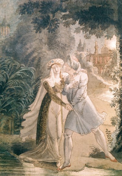 Blanca és Abon Hamet az Alhambra kertjében, Francois Rene (1768-1848) Vicomte de Chateaubriand "Le Dernier des Abencerages" című művéből (toll, tinta és WC papíron) alkotó: French School